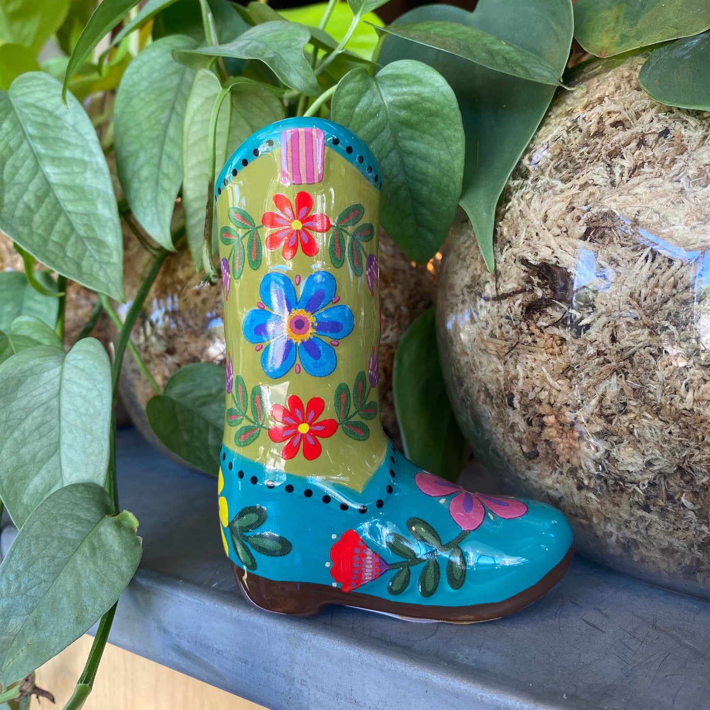Colourful cowboy boot on a shelf with plants as the background